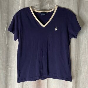 Ralph Lauren Sport V-Neck T-Shirt Women Medium Navy Blue White Pony Logo Cotton